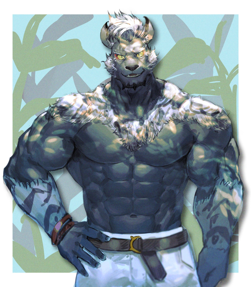 1boy abs animal_ear_request bara belt biceps black_fur bulge feet_out_of_frame furry furry_male highres large_pectorals looking_at_viewer male_focus muscular muscular_male navel neck_fur neumo no_nipples original pants pectorals short_hair smile solo standing stomach strongman_waist thick_eyebrows