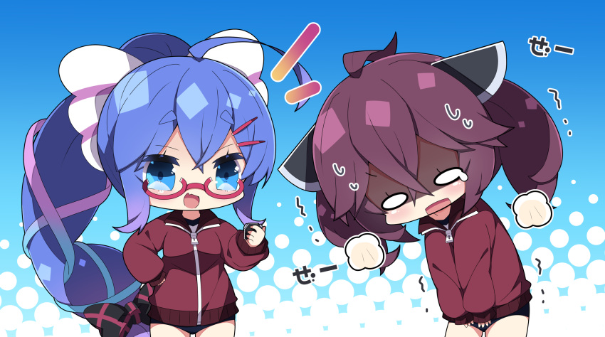 2girls :d ahoge black_buruma blue_background blue_eyes blue_hair breasts brown_hair brown_jacket buruma chibi commentary cowboy_shot glasses gradient_hair hair_between_eyes hair_ornament hairclip halftone halftone_background hand_on_own_hip headgear heavy_breathing highres jacket long_sleeves milkpanda multicolored_hair multiple_girls notice_lines oerba_yun_fang otomachi_una ponytail puffy_long_sleeves puffy_sleeves purple_hair red-framed_eyewear semi-rimless_eyewear shaded_face shirt short_eyebrows sidelocks sleeves_past_wrists small_breasts smile stopwatch sweat talkex thick_eyebrows touhoku_kiritan track_jacket translated trembling twintails under-rim_eyewear voiceroid watch white_shirt