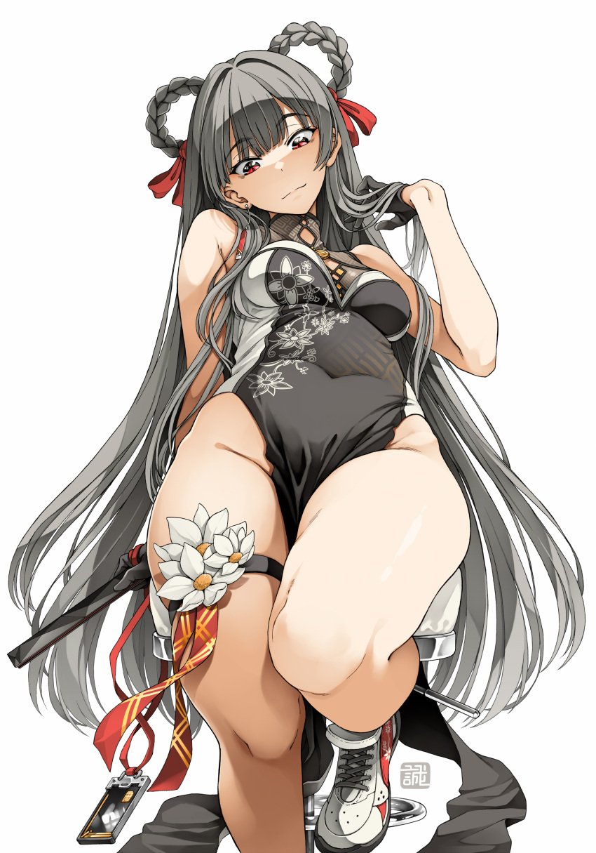 absurdres bare_shoulders braid braided_hair_rings breasts chinese_clothes earrings female gloves goddess_of_victory:_nikke grey_hair hair_ribbon hair_rings highres indoors jewelry kasetsu_03 legs no_panties red_eyes ribbon smile solo thigh_strap thighs twin_braids yan_(nikke)