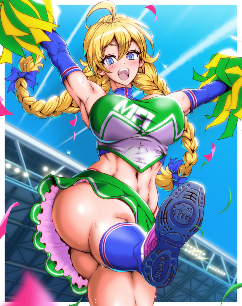 abs ahoge alicia_sinclair arms_up ass bare_shoulders blonde_hair blue_eyes blue_sky blue_socks border braid breasts cheerleader confetti contrail elbow_gloves female freckles frills from_below gloves green_shirt green_skirt hair_between_eyes hair_ribbon highres jazz_kawa_sodom jikkyou_powerful_pro_yakyuu jikkyou_powerful_soccer kneehighs large_breasts linea_alba long_hair midriff miniskirt muscular muscular_female panties pom_pom_(cheerleading) power_soccer_kun red_panties ribbon shirt shoes skirt sky sneakers socks solo stadium standing standing_on_one_leg sweat taut_clothes taut_shirt thick_thighs thighs thong tight_clothes tight_shirt toned turtleneck twin_braids underwear white_border