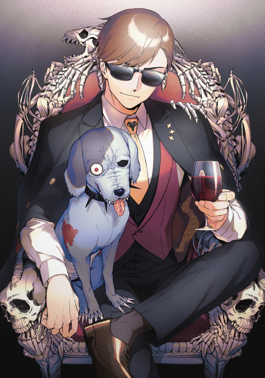 1boy alcohol animal_skull bliss_(ferment_factory) bone brown_hair canine collared_shirt commentary crossed_legs cup dog_on_lap drinking_glass english_commentary highres holding holding_cup jacket jacket_on_shoulders long_sleeves male_focus mixed-language_commentary necktie pants red_vest romero_(zombie_land_saga) shirt shoes short_hair sitting skeleton skull socks sunglasses tatsumi_koutarou throne tongue tongue_out vest wine wine_glass yellow_necktie zombie zombie_land_saga