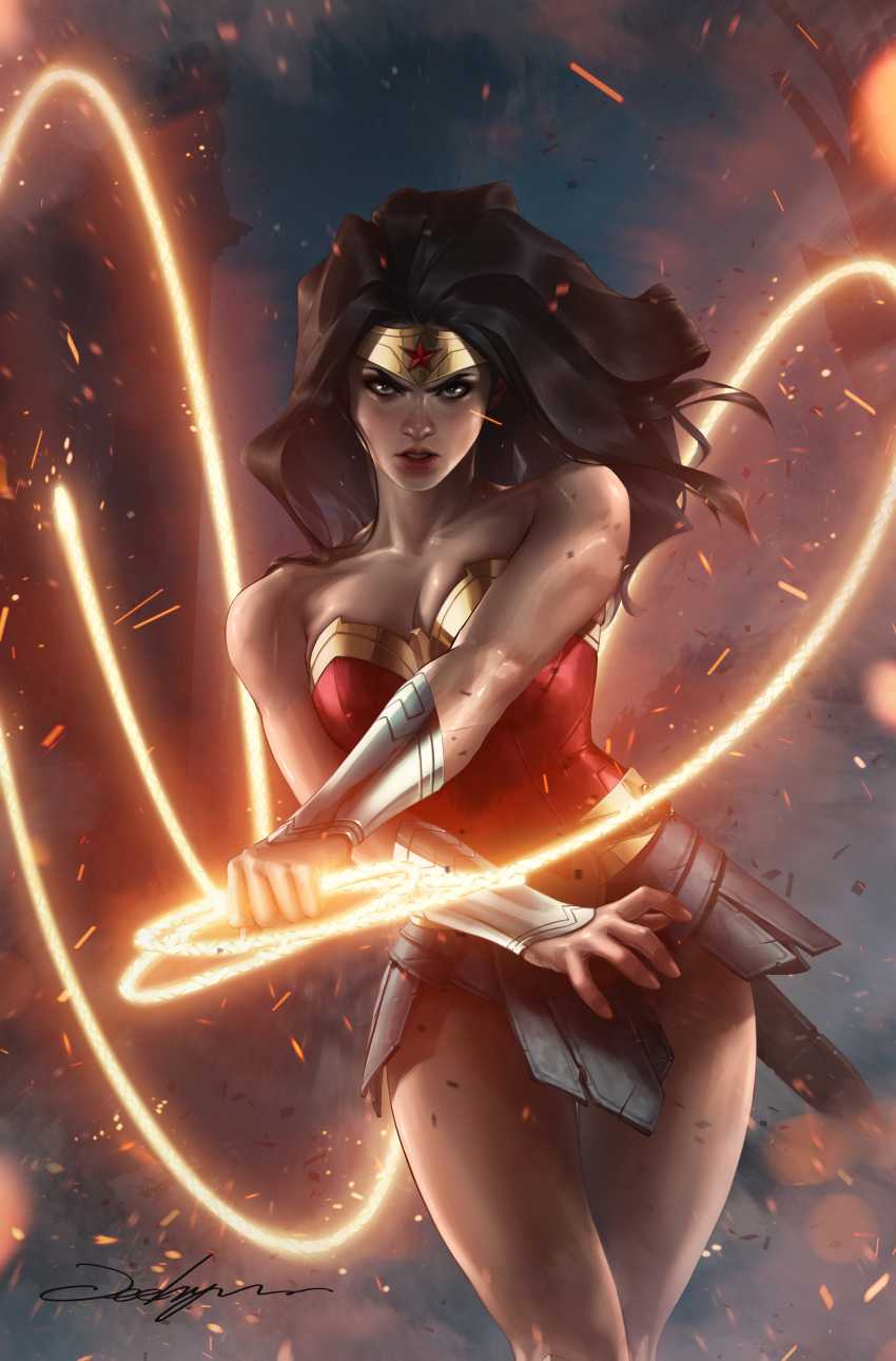 absurdres bare_shoulders black_hair breasts cleavage comic_cover commentary cover_image dc_comics embers english_commentary female highres holding holding_whip jee-hyung_lee lasso_of_truth long_hair looking_at_viewer official_art parted_lips realistic signature solo vambraces wonder_woman wonder_woman_(series)