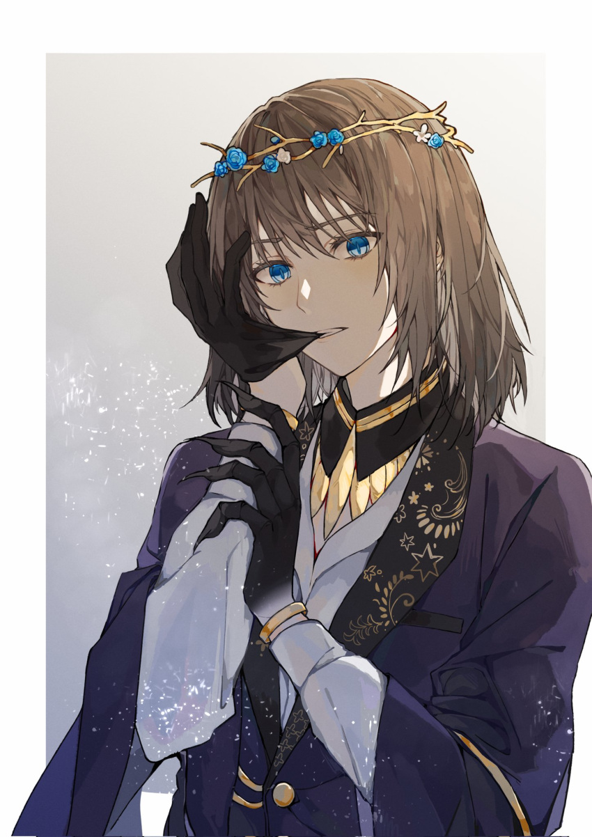 1boy alternate_hair_color biting black_gloves black_hair black_jacket blue_eyes blue_flower blue_rose bracelet commentary_request fate/grand_order fate_(series) flower gloves head_wreath hexagram highres jacket jewelry light_blush long_sleeves looking_at_viewer male_focus no_wings oberon_(fate) oberon_(overnight_dream)_(fate) official_alternate_costume rose shirt solo spoilers star_(symbol) star_of_david star_print uncleko5 upper_body white_flower white_shirt wreath