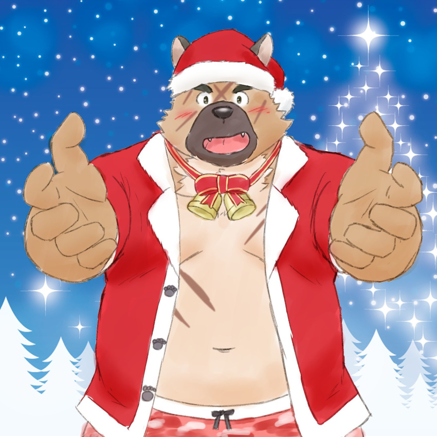 1:1 2020 belly blush bottomwear brown_body brown_fur canid canine canis christmas christmas_clothing christmas_headwear clothing cute_fangs domestic_dog fur hat headgear headwear hi_res holidays humanoid_hands kemono lifewonders male mammal navel overweight overweight_male santa_hat scar shirt shorts snow snowing solo tokyo_afterschool_summoners topwear yaki_atsuage yasuyori_(tas)