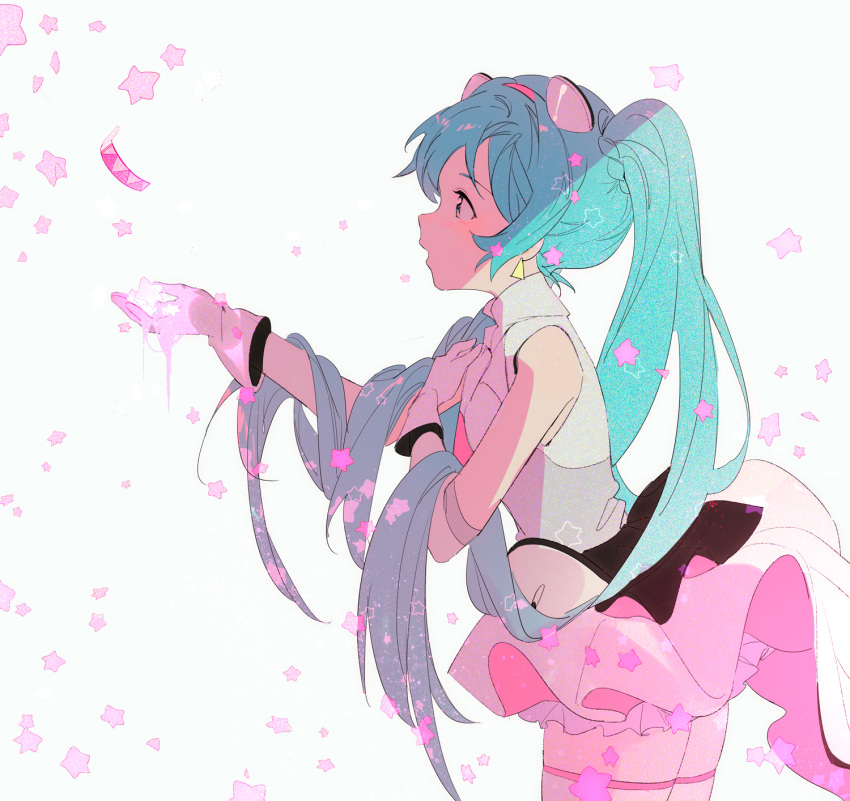 balabling bare_arms blue_eyes blue_hair commentary cowboy_shot english_commentary female from_side galaxy_live_(vocaloid) gloves hand_on_own_chest hatsune_miku highres long_hair parted_lips profile shirt simple_background skirt sleeveless sleeveless_shirt solo star_(symbol) thighhighs twintails vocaloid white_background white_gloves white_shirt white_skirt white_thighhighs