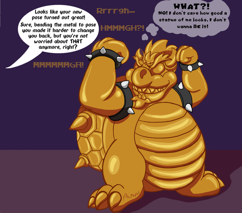 after_transformation anthro asfr aurification belly big_belly bowser dialogue english_text frozen gold_(metal) grin hi_res immobile inanimate_transformation inner_monologue koopa male mario_bros musclegut muscular muscular_anthro muscular_male nintendo objectified offscreen_character overweight overweight_anthro overweight_male paphvul petrification scalie sculpture smile solo speech_bubble statue stuck text thought_bubble transformation trapped