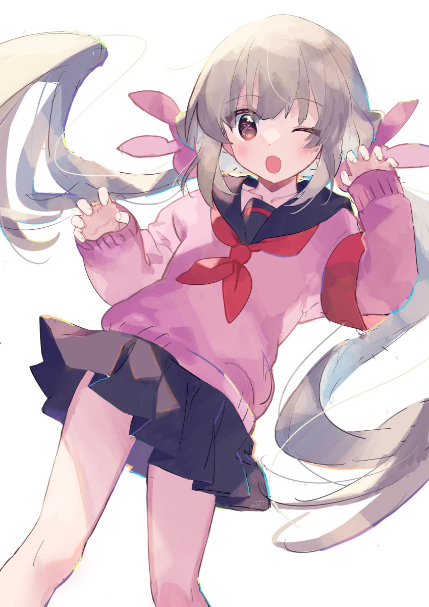 ;d armband black_sailor_collar black_skirt blush brown_eyes claw_pose commentary female floating_hair grey_hair hair_ornament hands_up highres long_hair long_sleeves looking_at_viewer low_twintails natori_sana neckerchief official_alternate_costume one_eye_closed open_mouth pink_sweater pleated_skirt rabbit_hair_ornament red_armband red_neckerchief sailor_collar sana_channel school_uniform serafuku simple_background skirt smile solo standing sweater twintails very_long_hair virtual_youtuber white_background zuho_(vega)