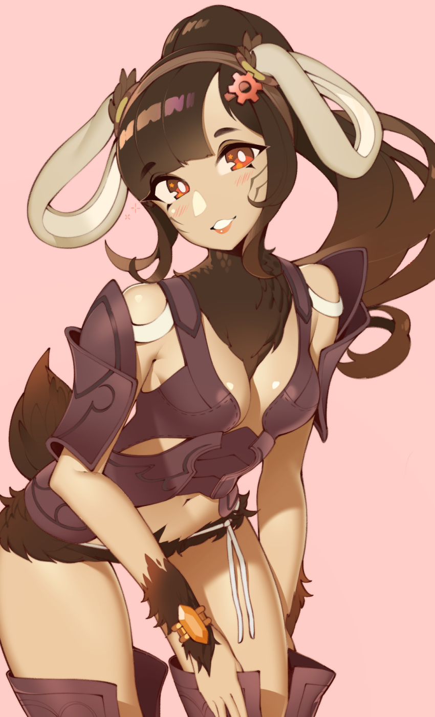 adjusting_clothes adjusting_legwear alternate_hairstyle blush breasts bright_pupils brown_hair commentary commission english_commentary female fire_emblem fire_emblem_awakening gears hair_ornament hairband halphelt head_tilt highres leaning_forward lipstick long_hair looking_at_viewer makeup medium_breasts navel pale_skin panne_(fire_emblem) parted_lips pink_background ponytail rabbit_girl red_eyes red_lips simple_background smile solo sparkle standing star_(symbol) star_in_eye symbol_in_eye white_pupils wristband