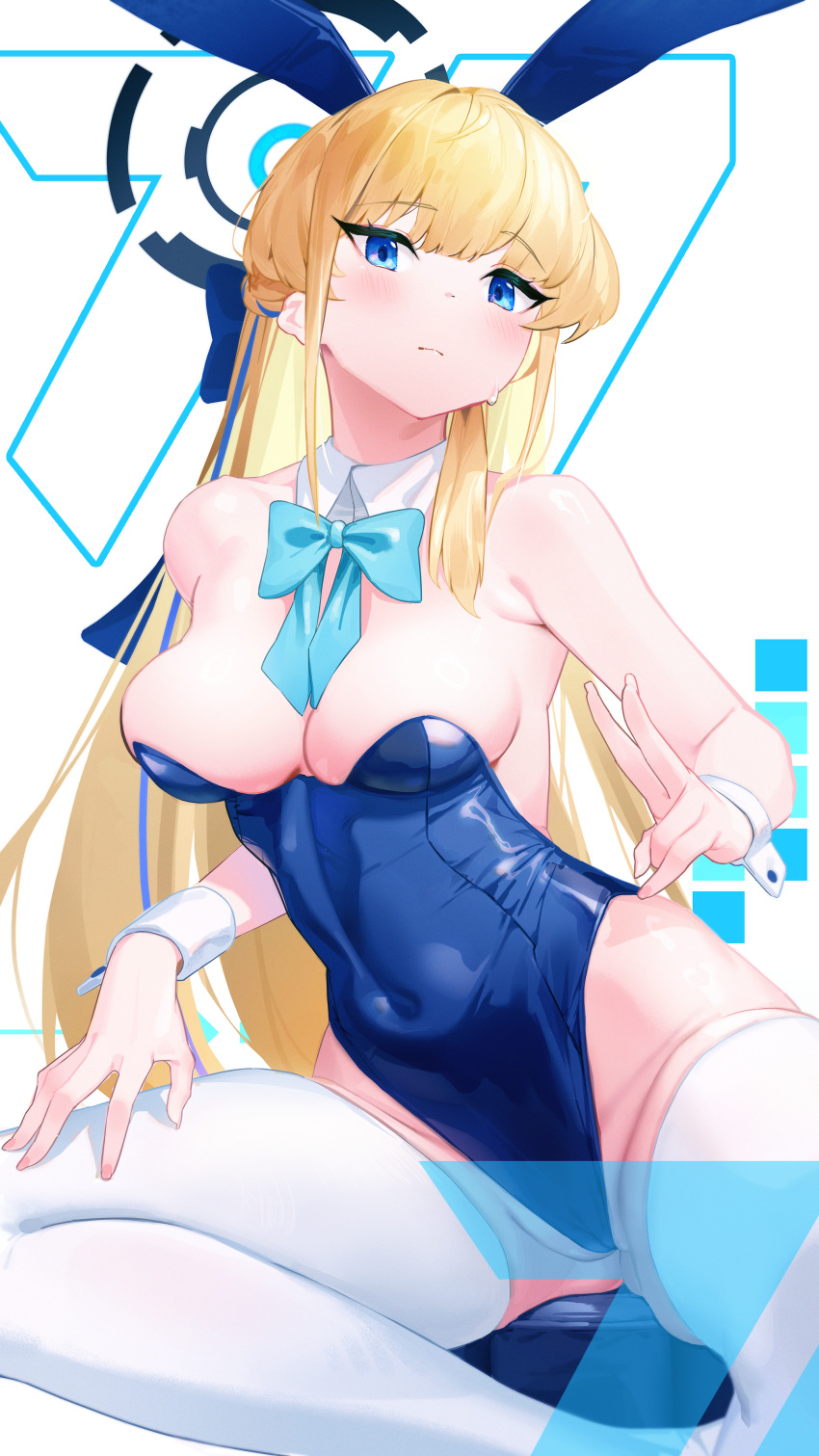 absurdres animal_ears bare_shoulders blonde_hair blue_archive blue_eyes blue_halo blue_leotard blush bow bowtie braid breasts cleavage detached_collar fake_animal_ears female half_up_braid halo highleg highleg_leotard highres leotard long_hair looking_at_viewer medium_breasts nox13 official_alternate_costume playboy_bunny rabbit_ears sideboob solo strapless strapless_leotard thighhighs thighs toki_(blue_archive) toki_(bunny)_(blue_archive) white_thighhighs wrist_cuffs