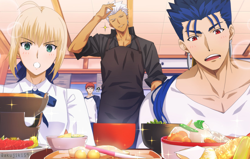 !? 3boys ahoge akujiki59 apron archer_(fate) artoria_pendragon_(fate) blonde_hair blue_hair blush bowl ceiling closed_eyes collarbone collared_shirt commentary_request cu_chulainn_(fate) cu_chulainn_(fate/stay_night) drooling fate/stay_night fate_(series) female food green_eyes hair_ribbon hand_up indoors lens_flare multiple_boys open_mouth parted_lips red_eyes ribbon saber_(fate) shirt smile sparkle spiked_hair teeth tile_ceiling tiles tongue upper_teeth_only white_hair white_shirt