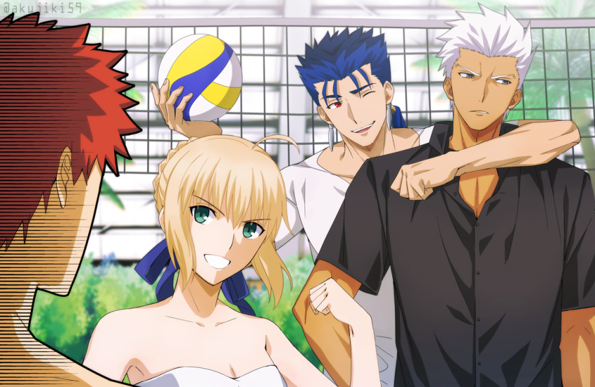 3boys akujiki59 archer_(fate) arm_around_neck artoria_pendragon_(fate) ball blonde_hair blue_hair breasts cleavage clenched_hand collarbone collared_shirt commentary_request cu_chulainn_(fate) cu_chulainn_(fate/stay_night) dark-skinned_male dark_skin day emiya-san_chi_no_kyou_no_gohan emiya_shirou fate/stay_night fate_(series) female green_eyes hand_up holding holding_ball multiple_boys orange_hair outdoors ponytail saber_(fate) shirt short_hair spiked_hair strapless tube_top white_hair white_shirt