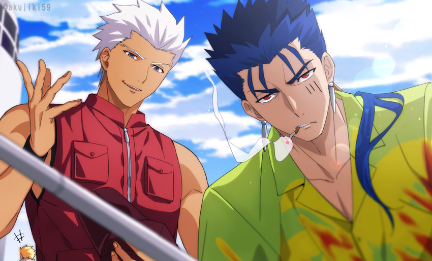 +++ 2boys akujiki59 archer_(fate) blonde_hair blue_hair blurry cigarette cloud collared_shirt commentary_request cu_chulainn_(fate) cu_chulainn_(fate/stay_night) day earrings fate/stay_night fate_(series) frown green_shirt half-closed_eyes hat holding holding_clothes holding_hat jewelry male_focus mouth_hold multiple_boys official_alternate_costume outdoors parted_lips red_eyes red_vest shirt short_hair sky smile spiked_hair unworn_hat unworn_headwear vest white_hair wristband zipper_pull_tab