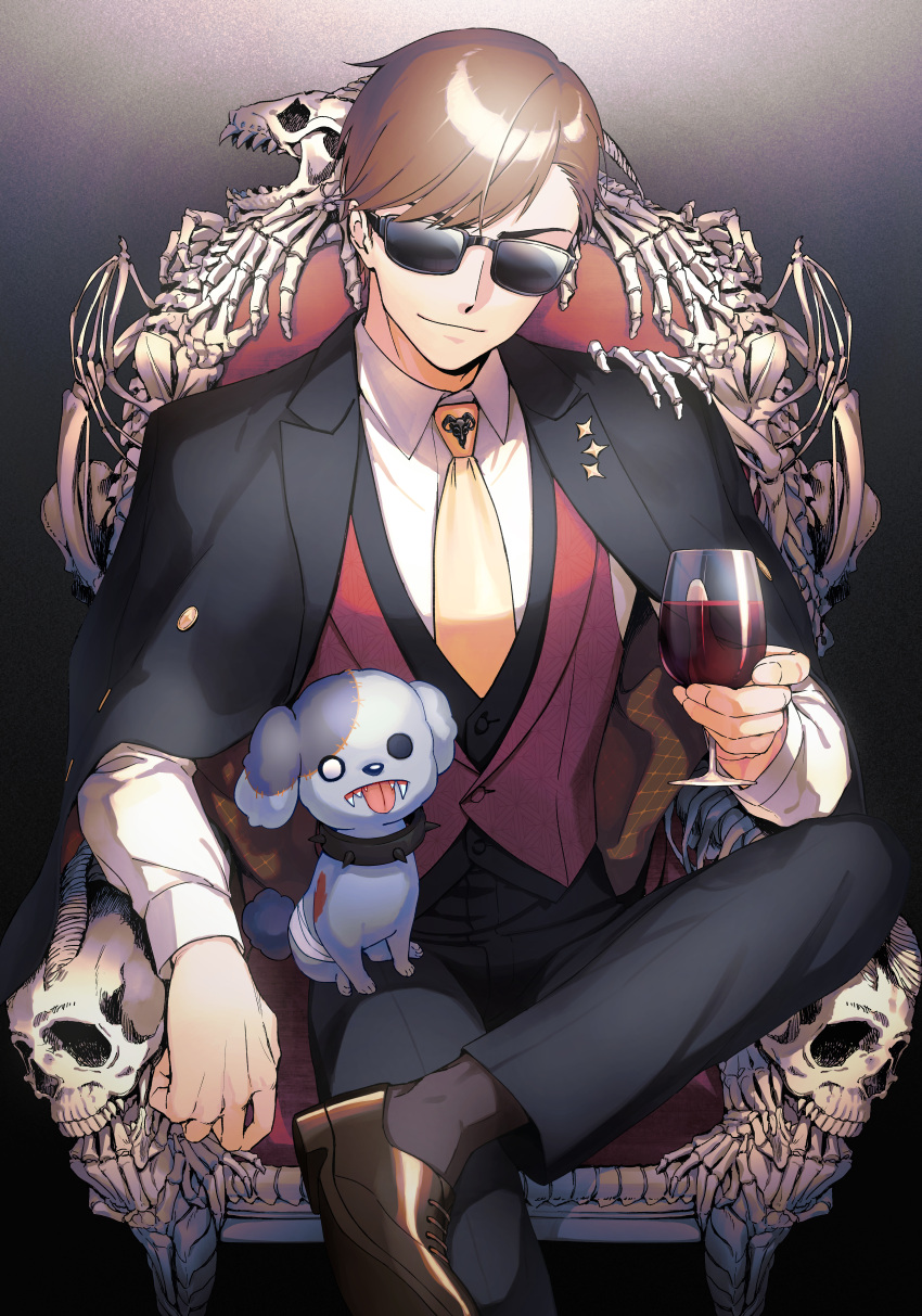 1boy absurdres alcohol animal_skull bliss_(ferment_factory) bone brown_hair canine collared_shirt commentary crossed_legs cup dog_on_lap drinking_glass english_commentary figure_four_sitting highres holding holding_cup jacket jacket_on_shoulders long_sleeves male_focus mixed-language_commentary necktie pants red_vest romero_(zombie_land_saga) shirt shoes short_hair sitting skeleton skull socks sunglasses tatsumi_koutarou throne tongue tongue_out vest wine wine_glass yellow_necktie zombie zombie_land_saga