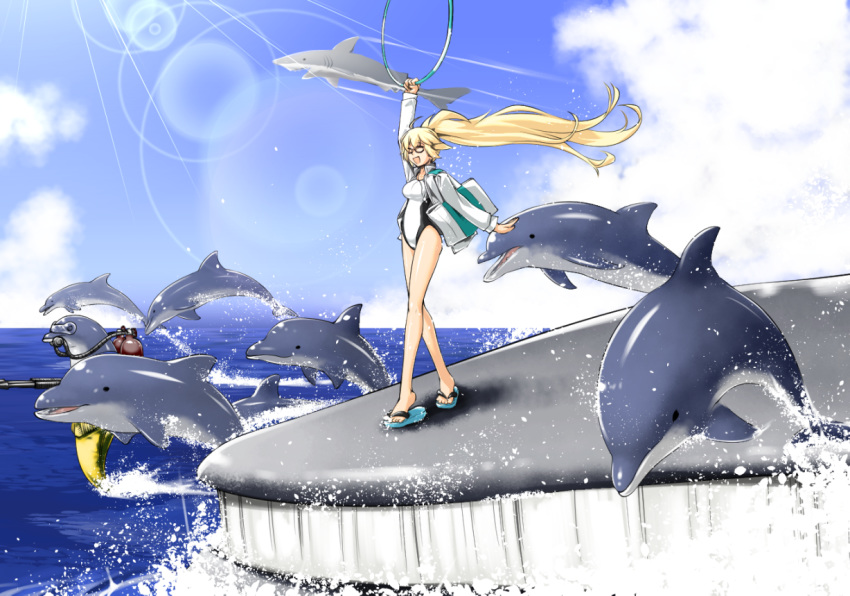 black-framed_eyewear blue_sky blue_whale braid commentary_request competition_swimsuit day dolphin fate/grand_order fate_(series) female glasses highleg highleg_swimsuit hood hooded_jacket jacket jeanne_d'arc_(fate) jeanne_d'arc_(swimsuit_archer)_(fate) jeanne_d'arc_(swimsuit_archer)_(second_ascension)_(fate) long_braid long_hair long_sleeves meme naze_nani_karada_no_fushigi neta one-piece_swimsuit outdoors shark single_braid sky standing swimsuit takuteks whale whistle whistle_around_neck white_jacket white_one-piece_swimsuit