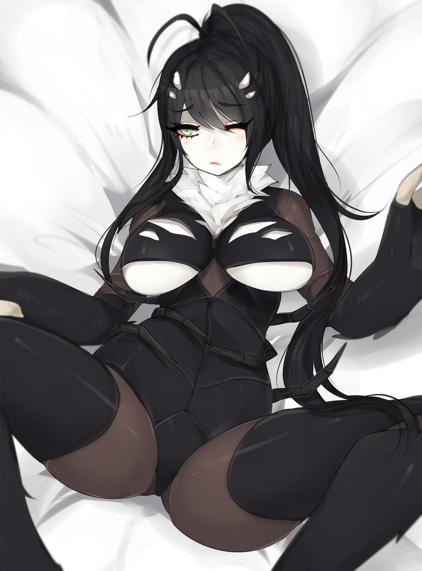 antennae arthropod_girl arthropod_limbs bad_deviantart_id bad_id bed_sheet black_hair breasts carapace claws closed_mouth colored_skin commentary english_commentary female green_eyes hair_ornament highres long_hair looking_at_viewer luca_(terupancake) lying monster_girl on_back on_bed one_eye_closed original ponytail solo spread_legs terupancake underboob white_skin