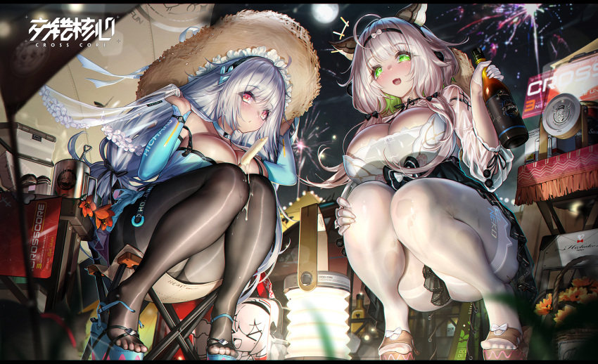 2girls :d ass black_pantyhose blush bottle breasts chair cleavage commentary crosscore dk.senie fireworks folding_chair food full_moon gloves green_eyes hat highres ice_cream lantern large_breasts long_hair looking_at_viewer melting moon multiple_girls noctilucent_(crosscore) pantyhose red_eyes skirt smile squatting straw_hat symbol-only_commentary toeless_footwear white_gloves white_hair white_pantyhose