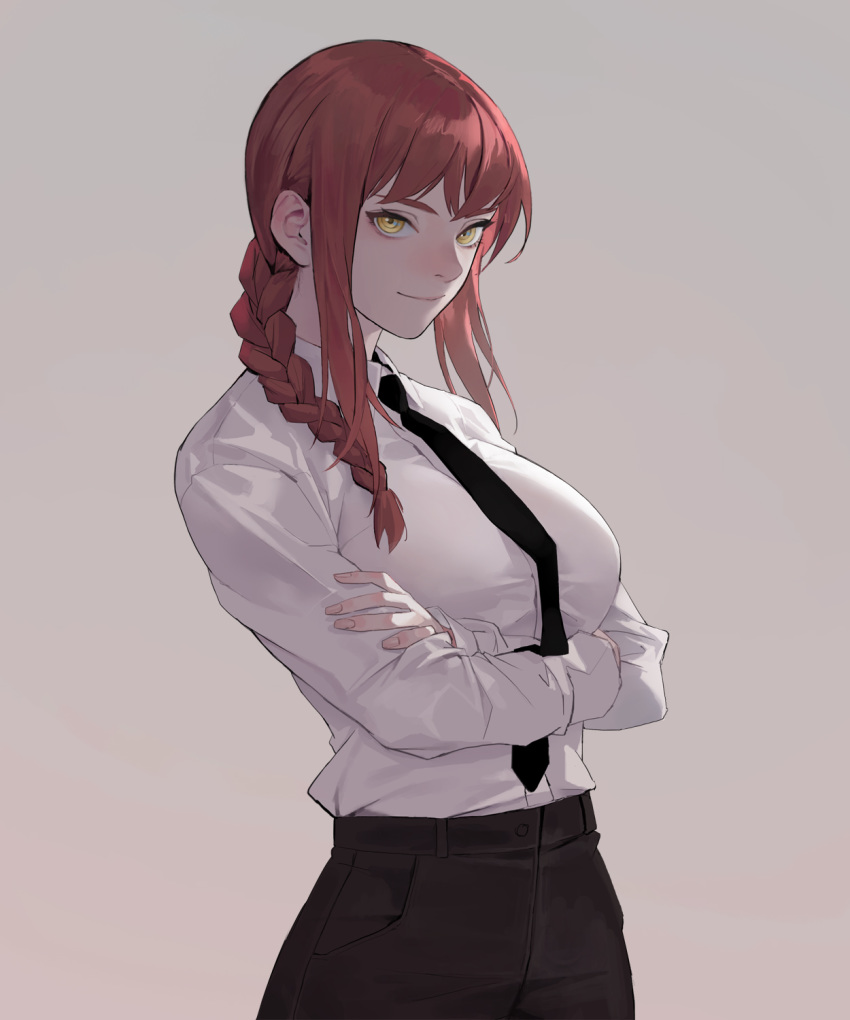 bad_id bad_twitter_id black_necktie black_pants braid braided_ponytail breasts business_suit chainsaw_man closed_mouth collared_shirt commentary cowboy_shot crossed_arms dongho_kang english_commentary female formal green_eyes grey_background hair_over_shoulder high-waist_pants highres large_breasts long_hair long_sleeves looking_at_viewer makima_(chainsaw_man) medium_breasts necktie office_lady pants red_hair ringed_eyes shirt shirt_tucked_in simple_background single_braid smile solo suit white_shirt