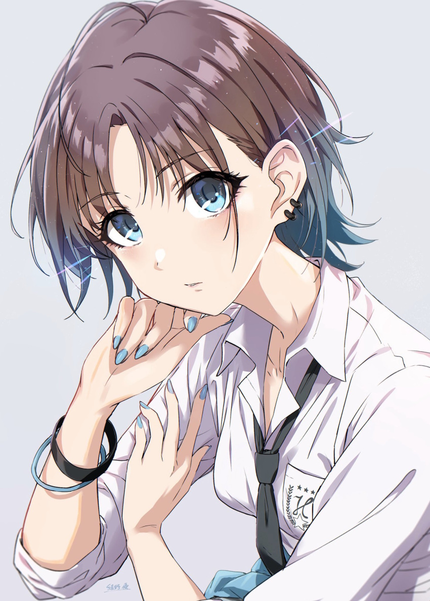 ahoge asakura_toru ayano_yuu_(sonma_1426) bad_id bad_twitter_id black_neckwear blue_eyes blue_hair blue_nails bracelet breast_pocket earrings female gradient_hair grey_background head_rest highres idolmaster idolmaster_shiny_colors jewelry looking_at_viewer multicolored_hair nail_polish parted_bangs pocket school_uniform shirt short_hair signature simple_background solo upper_body white_shirt