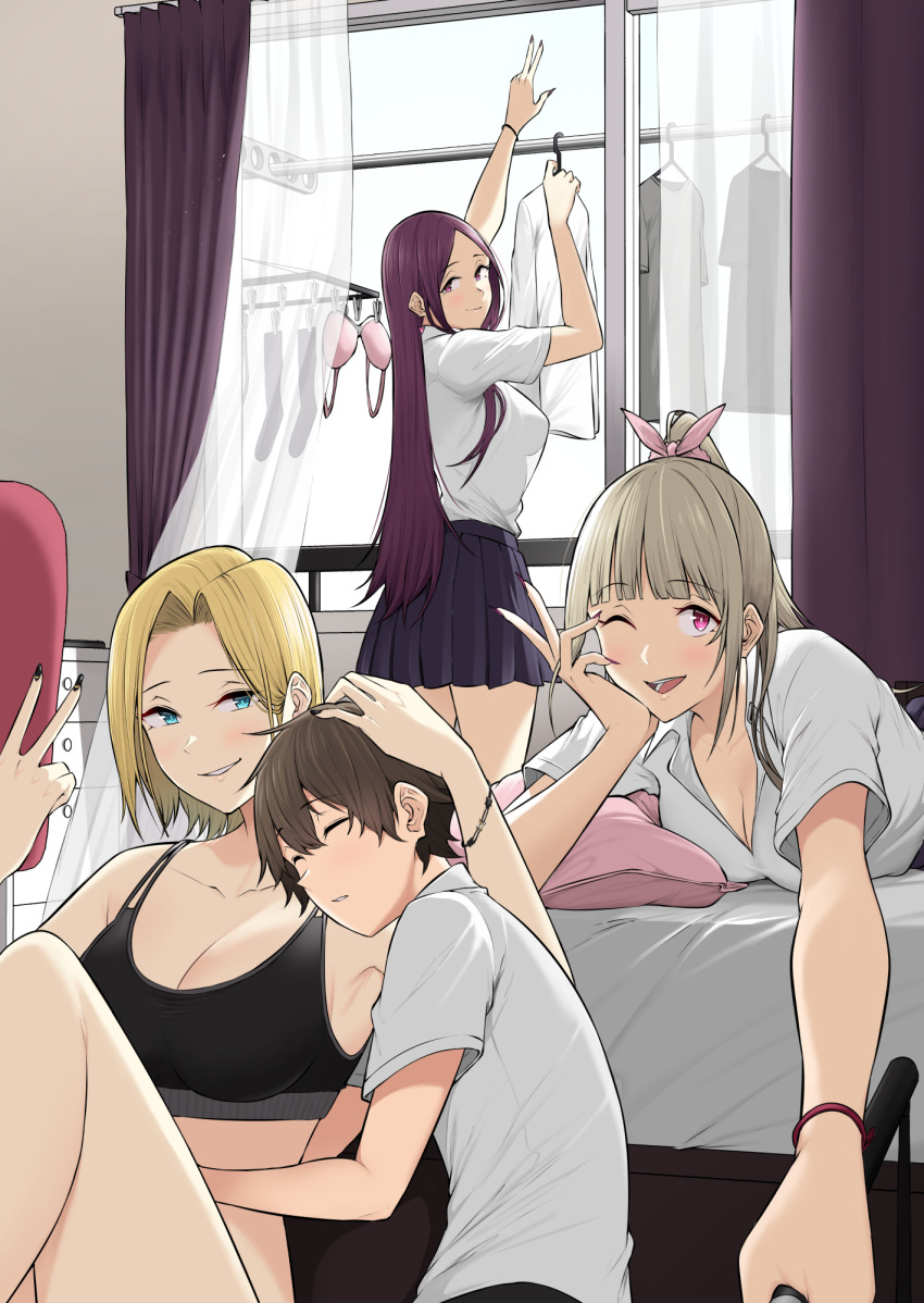 1boy 3girls bed black_nails black_sports_bra blonde_hair blue_eyes blue_skirt blunt_bangs bra bracelet breasts brown_hair cleavage closed_eyes collarbone collared_shirt earrings grin gyaru hair_ribbon hamazaki_reina heart heart_earrings highres imaizumi_(imaizumin-chi) imaizumin-chi_wa_douyara_gal_no_tamariba_ni_natteru_rashii indoors jewelry kurumizaka_ruri large_breasts light_brown_hair long_hair medium_breasts multiple_girls nori_gorou on_bed one_eye_closed open_mouth open_window parted_bangs pink_bra pink_eyes pink_ribbon pleated_skirt ponytail purple_eyes purple_hair ribbon sasaki_yukina school_uniform selfie selfie_stick shirt shirt_tucked_in short_hair skirt sleeping smile sports_bra standing underwear unworn_bra white_shirt window