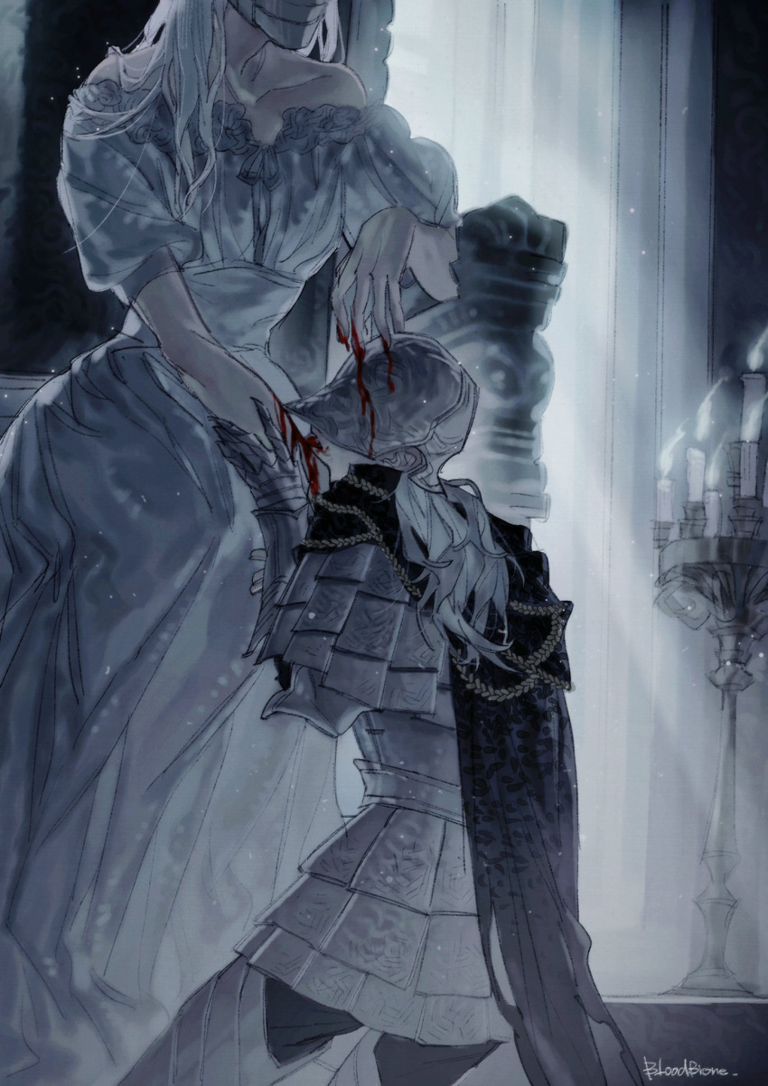 1boy annalise_queen_of_the_vilebloods armor armored_boots artist_name bare_shoulders black_cape blood bloodborne bloody_crow_of_cainhurst boots breastplate candle cape collarbone dress female grey_hair hands_up helm helmet highres la_bo_chu_shi long_hair short_sleeves white_dress window