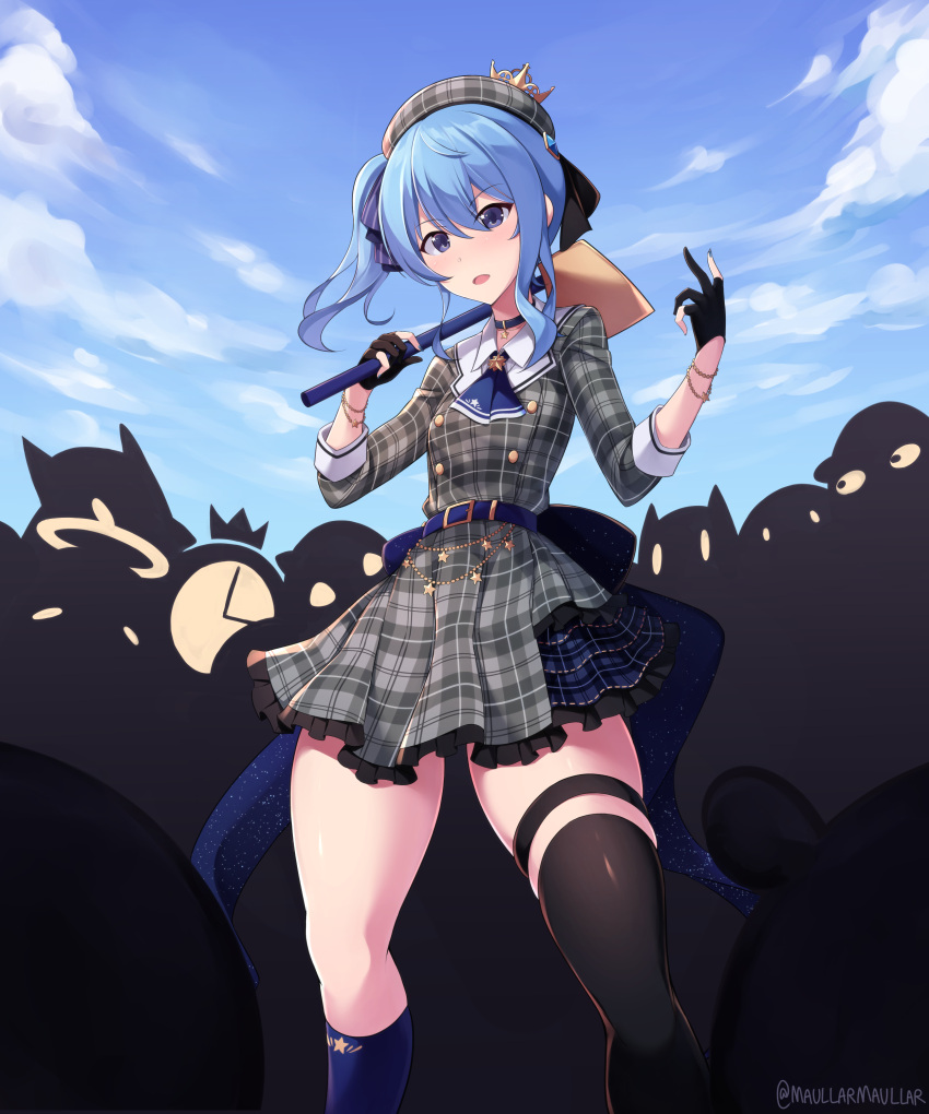 absurdres ascot asymmetrical_legwear axe beret blue_eyes blue_hair cloud crown dress female gloves hat highres holding holding_axe holocure hololive hoshimachi_suisei hoshimachi_suisei_(1st_costume) kronie_(ouro_kronii) maullarmaullar medium_hair mini_crown partially_fingerless_gloves plaid plaid_dress side_ponytail single_thighhigh sky solo_focus star_(symbol) star_in_eye symbol_in_eye takodachi_(ninomae_ina'nis) thick_thighs thigh_strap thighhighs thighs virtual_youtuber