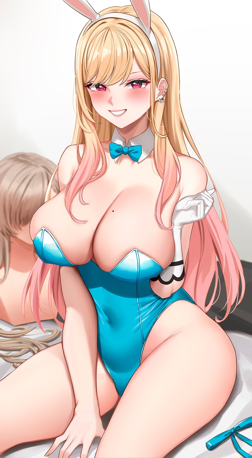 animal_ears asuna_(blue_archive) asuna_(blue_archive)_(cosplay) asuna_(bunny)_(blue_archive) bare_legs bare_shoulders blonde_hair blue_archive blush bow bowtie breasts cosplay cowboy_shot detached_sleeves earrings fake_animal_ears female gloves gradient_hair grin highleg highleg_leotard highres jewelry kitagawa_marin large_breasts leotard long_hair looking_at_viewer mole mole_on_breast multicolored_hair pink_hair piukute062 playboy_bunny rabbit_ears red_eyes sidelocks single_glove sitting skindentation smile solo sono_bisque_doll_wa_koi_wo_suru strapless strapless_leotard traditional_bowtie very_long_hair wig wig_stand