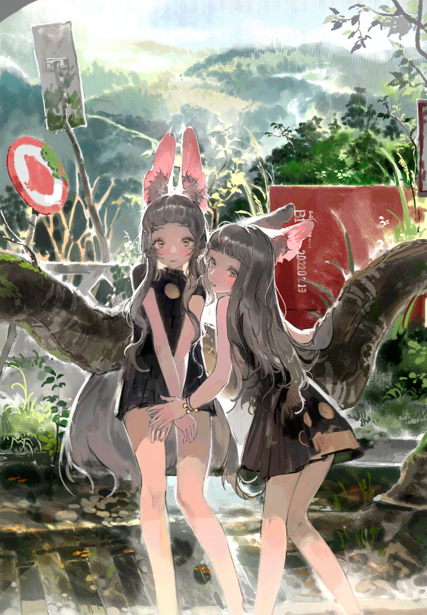 2girls absurdres animal_ear_fluff animal_ears black_dress bracelet dress grey_hair highres jewelry kurikabacha light_smile long_hair looking_at_viewer looking_back multiple_girls original outdoors rabbit_ears signpost tree yellow_eyes