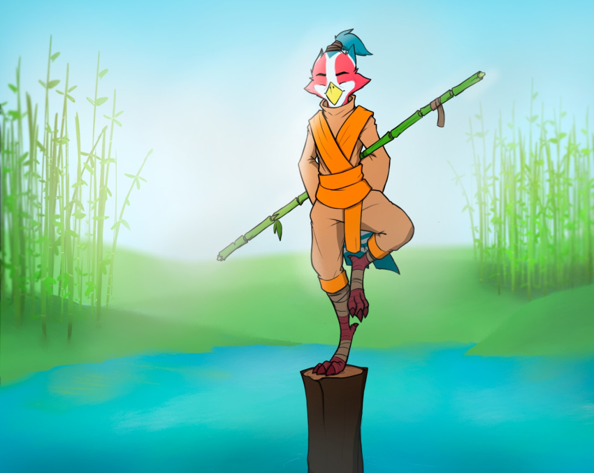 accessory anthro asian_clothing avian avio_(avioylin) bamboo bamboo_stick bandage belt bird closed_eyes clothed clothing detailed_background east_asian_clothing enthief hair_accessory hairband hi_res japanese_clothing kimono male meditation ninja on_one_leg plant pond relaxing solo standing stick tree warrior water