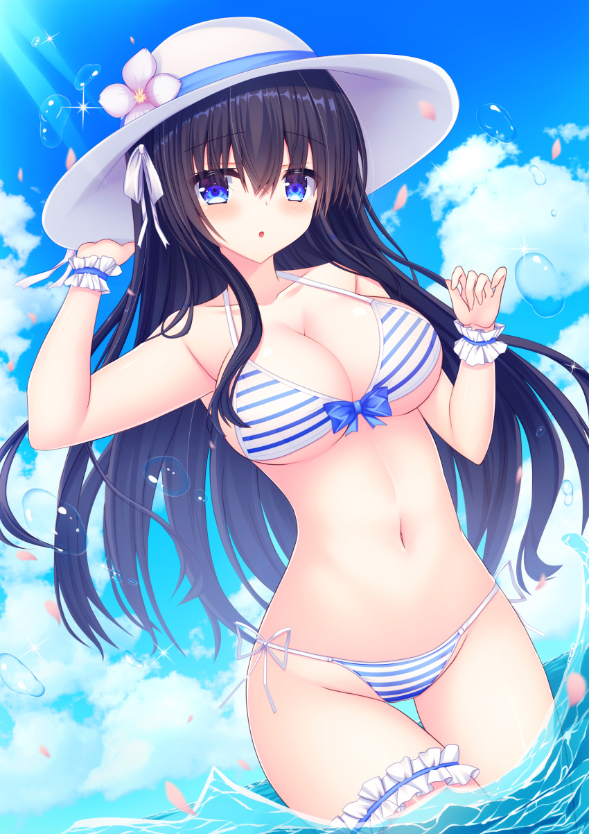 :o absurdres bikini black_hair blue_eyes blue_sky breasts cleavage cloud collarbone commentary_request day female flower hair_ornament hair_ribbon hat hat_flower highres lens_flare long_hair looking_at_viewer medium_breasts navel ocean open_mouth original outdoors ribbon scrunchie shitou_kazuaki side-tie_bikini_bottom sidelocks sky solo striped_bikini striped_clothes sun_hat swimsuit thigh_strap wading water_drop white_bikini white_hat wrist_scrunchie