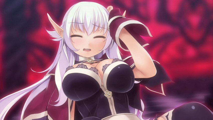 atelier-moo breasts cleavage cloak closed_eyes collar dark_elf detached_sleeves elf female hair_between_eyes hand_on_own_head highres large_breasts long_hair long_pointy_ears narrow_waist open_mouth pointy_ears purple_cloak purple_hair silvia_milsteen sitting teeth thighhighs very_long_hair wizards_symphony