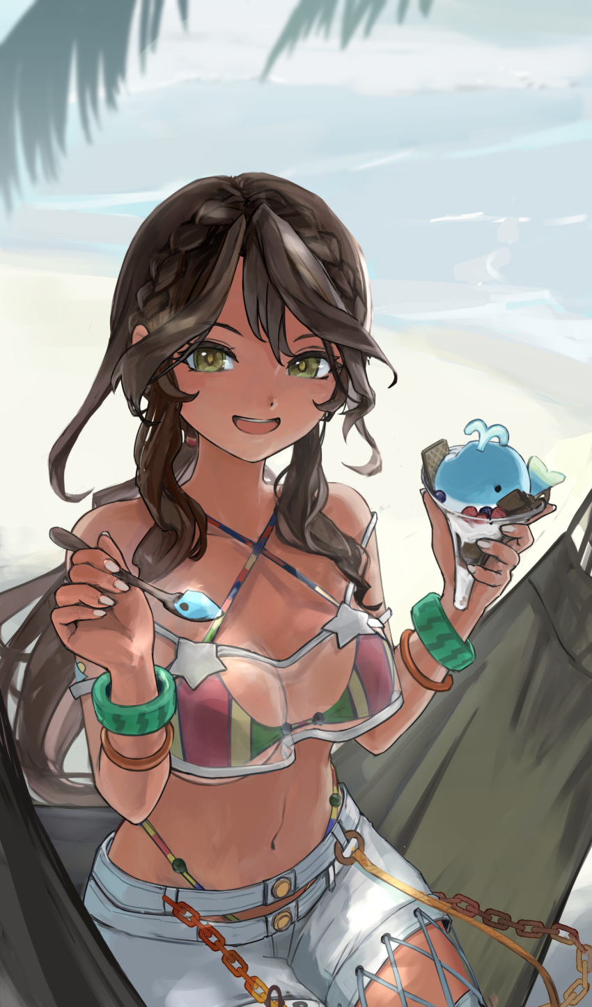 absurdres andromeda_(fate) andromeda_(second_ascension)_(fate) beach bikini bikini_under_clothes braid breasts brown_hair chains cup day fate/grand_order fate_(series) female fingernails food green_eyes hammock hands_up highres holding holding_cup holding_spoon ice_cream long_hair looking_at_viewer medium_breasts multicolored_bikini multicolored_clothes navel official_alternate_costume open_mouth outdoors parted_bangs paserin_ekaku ponytail sand short_shorts shorts sitting smile solo spoon stomach sundae swimsuit tan very_long_hair waffle water wristlet