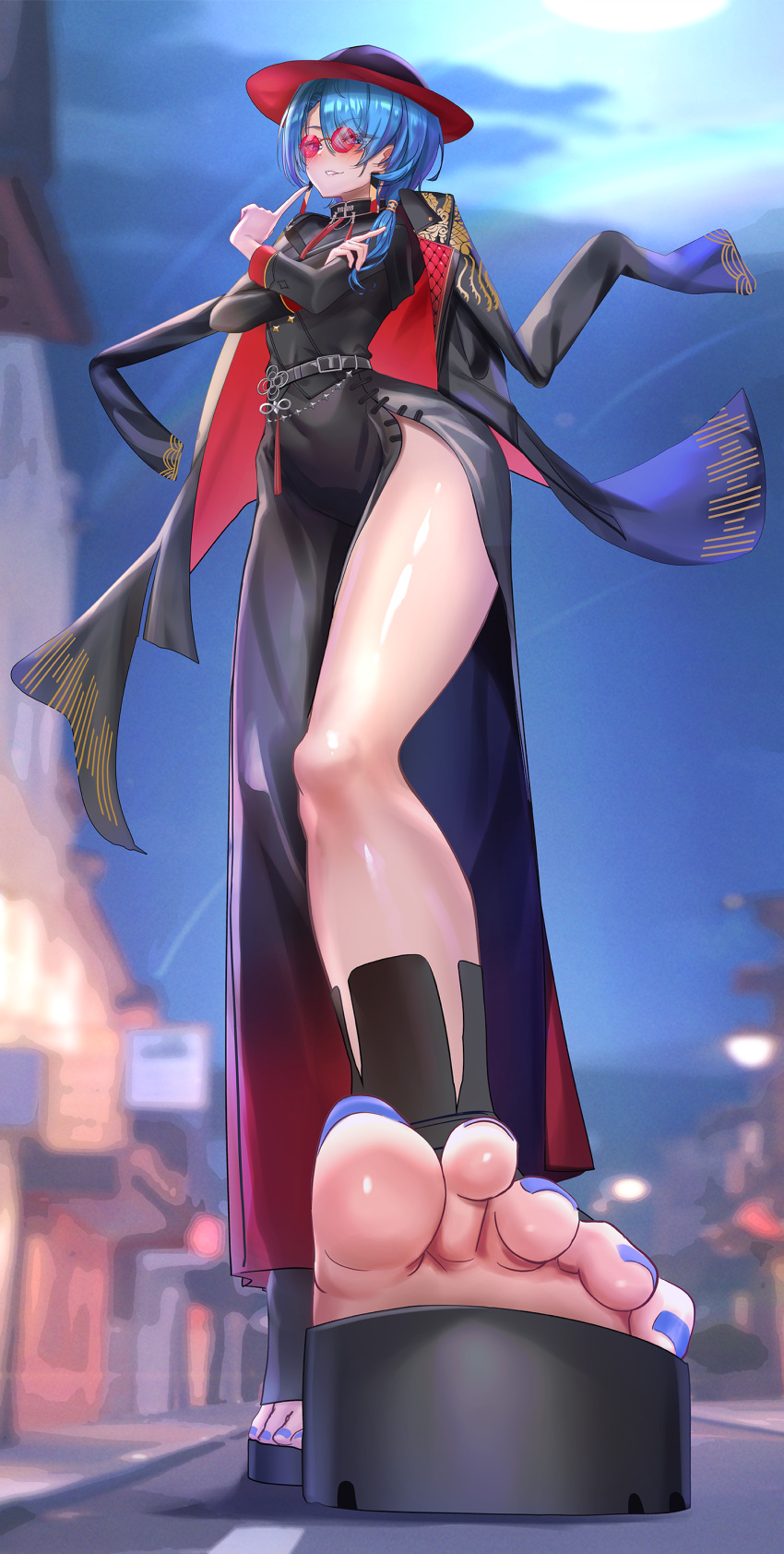 absurdres belt black_belt black_dress black_jacket blue_hair blue_nails blurry blurry_background dorsiflexion dress feet female foot_focus foreshortening glasses hair_over_shoulder highres hololive hoshimachi_suisei hoshimachi_suisei_(oriental_suit) jacket jacket_on_shoulders jagoo legs long_hair looking_at_viewer nail_polish official_alternate_costume outdoors parted_bangs parted_lips platform_footwear red-tinted_eyewear sandals shiny_skin side_slit solo sunglasses thighs tinted_eyewear toenail_polish toenails toes virtual_youtuber