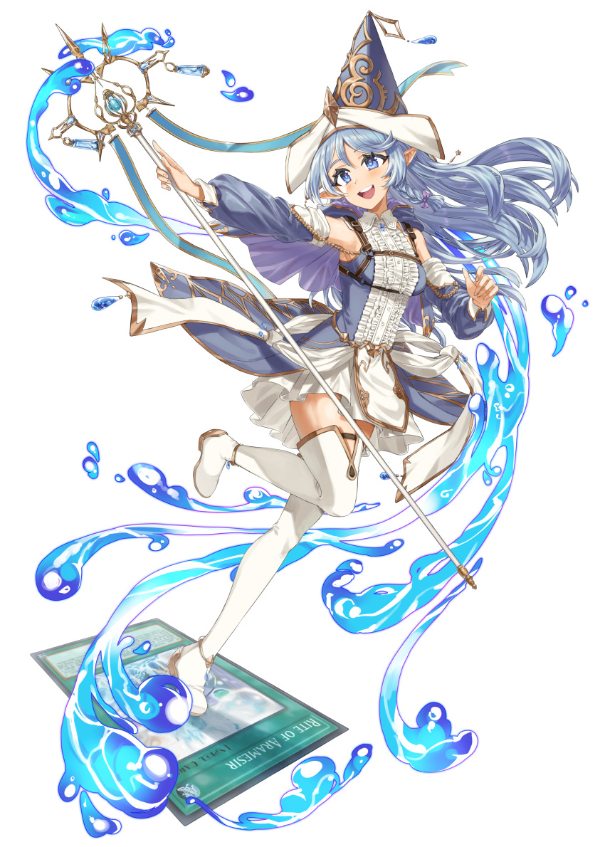 absurdres bare_shoulders blue_eyes blue_hair boots card detached_sleeves duel_monster female highres holding holding_staff hydrokinesis kaichou_(homehome_h) long_hair long_sleeves pointy_ears pointy_hair rite_of_aramesir solo staff standing standing_on_one_leg thigh_boots water water_enchantress_of_the_temple white_footwear yu-gi-oh!