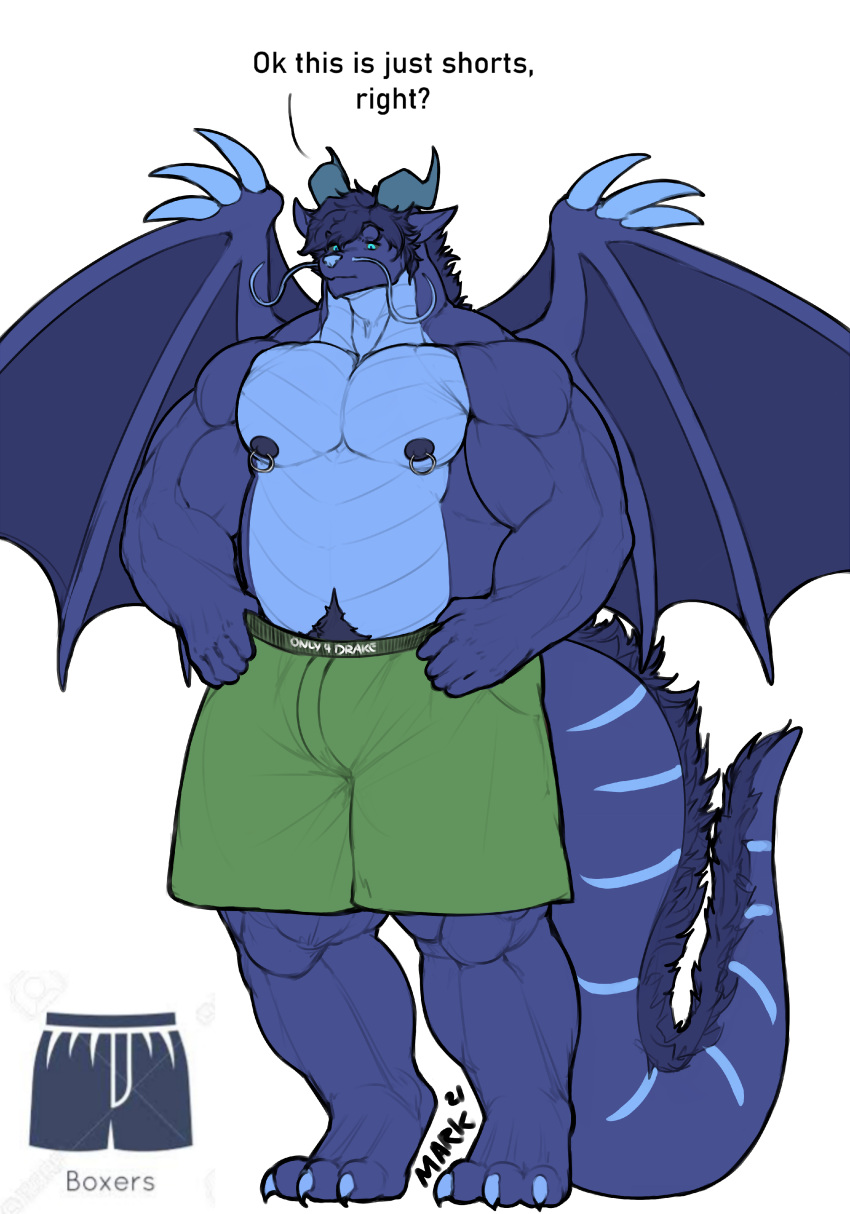 absurd_res anthro barazoku belly belly_scales blue_body blue_eyes boxers_(clothing) bulge christopher_wyvern claws clothed clothing dialogue dragon english_text green_clothing hands_on_hips hi_res male markings marvolk membrane_(anatomy) membranous_wings musclegut muscular mythological_creature mythological_scalie mythology nipple_fetish nipple_piercing nipples partially_clothed pecs piercing pubes scales scalie slightly_chubby slightly_chubby_male solo tail tail_markings tail_tuft text thick_thighs tuft underwear wing_claws wings