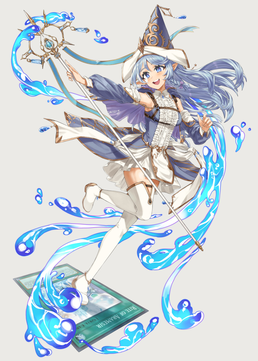 absurdres bare_shoulders blue_eyes blue_hair boots card detached_sleeves duel_monster female highres holding holding_staff hydrokinesis kaichou_(homehome_h) long_hair long_sleeves pointy_ears pointy_hair rite_of_aramesir solo staff standing standing_on_one_leg thigh_boots water water_enchantress_of_the_temple white_footwear yu-gi-oh!