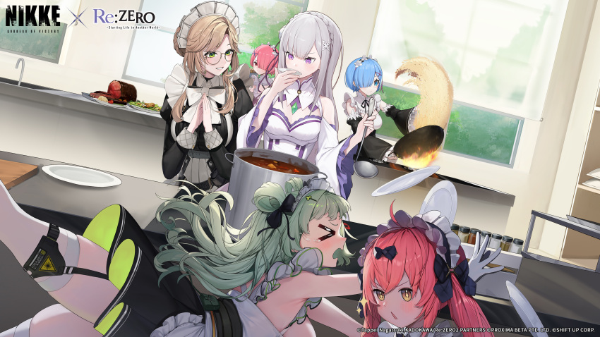 6+girls absurdres ade_(nikke) ahoge artist_request black_dress black_ribbon blue_eyes blue_hair blunt_bangs blush bow breasts brown_eyes clumsy cocoa_(nikke) commentary cooking copyright_name cropped crossover crying cutting_board day detached_sleeves dress emilia_(re:zero) english_commentary english_text fire floating_hair food fried_rice fried_rice_prank_(meme) frilled_sleeves frills from_side gem glasses gloves goddess_of_victory:_nikke green_eyes green_gemstone green_hair grey_hair hair_ornament hair_over_one_eye hairbow hairclip hands_up highres holding holding_ladle indoors juliet_sleeves ladle large_breasts long_hair long_sleeves looking_at_another looking_back maid_headdress meat medium_breasts meme multiple_girls neck_ribbon official_art open_mouth pink_hair plate profile puffy_sleeves purple_eyes ram_(re:zero) re:zero_kara_hajimeru_isekai_seikatsu red_eyes rem_(re:zero) ribbon roswaal_mansion_maid_uniform salad second-party_source short_hair soda_(nikke) spice steepled_fingers symbol-shaped_pupils tears thighhighs thighs tripping v-shaped_eyebrows white_dress white_gloves white_thighhighs wide_sleeves window wok x_hair_ornament