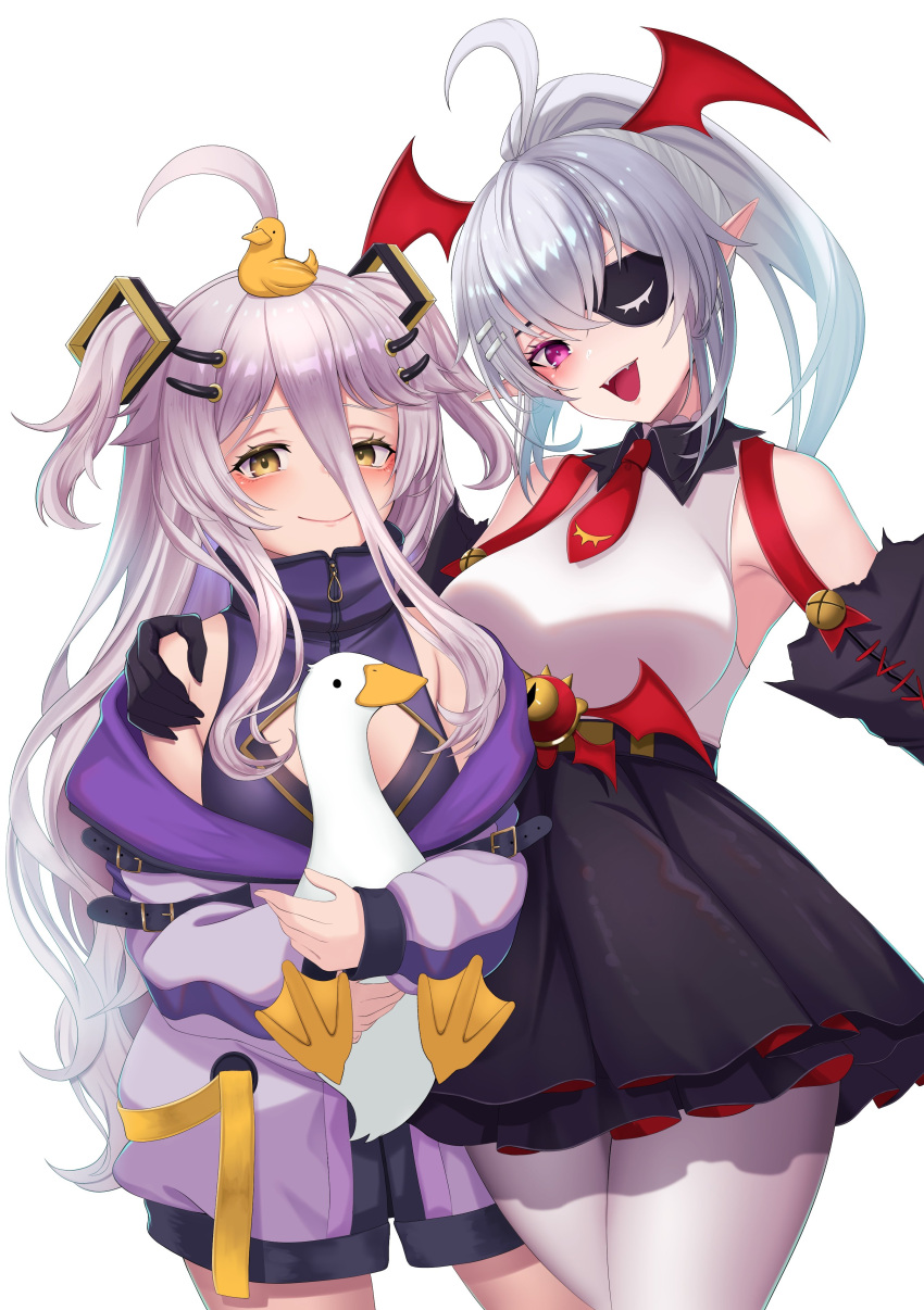 2girls absurdres ahoge animal arm_belt belt bird black_belt black_gloves black_skirt black_sleeves breasts cleavage_cutout clothing_cutout detached_sleeves dress duck eyelashes eyepatch fangs geega_(vtuber) geega_(vtuber)_(underworld_casual) gloves grey_hair hair_between_eyes hair_ornament hairclip hand_on_another's_shoulder head_wings henya_the_genius henya_the_genius_(1st_costume) high-waist_skirt highres holding holding_animal jacket kangaruu_(momotk1109) large_breasts long_hair multiple_girls necktie open_mouth pointy_ears ponytail purple_dress purple_eyes purple_jacket red_necktie red_wings rubber_duck_hair_ornament shadow shirt short_necktie skirt sleeveless sleeveless_dress sleeveless_shirt small_breasts smile two_side_up virtual_youtuber vshojo white_shirt wings yellow_eyes