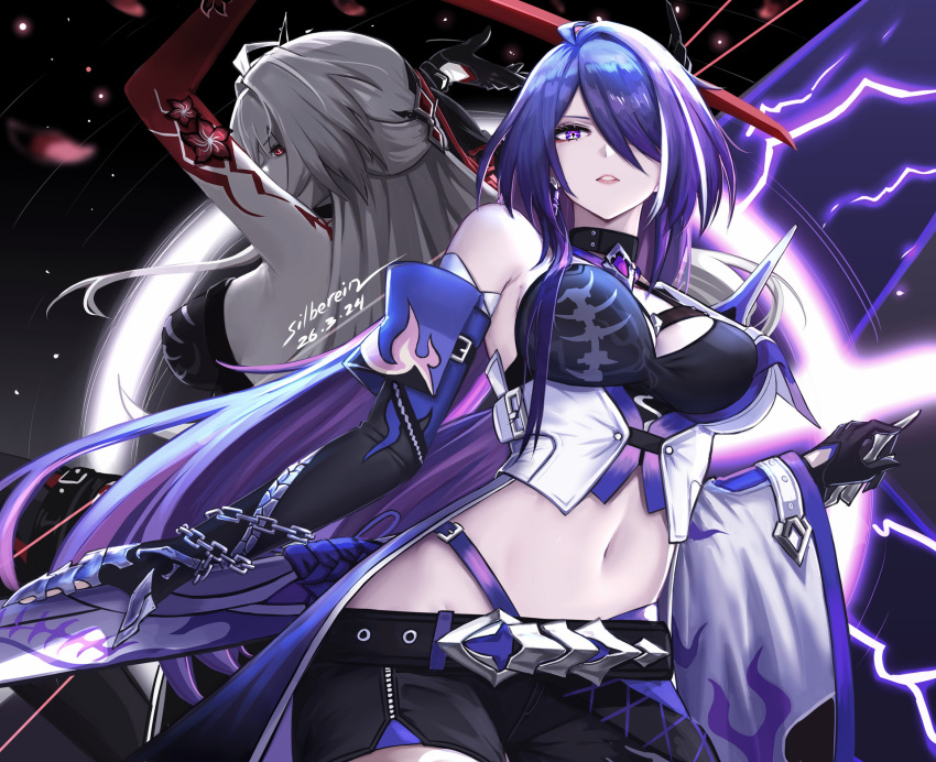 2girls acheron_(honkai:_star_rail) bare_shoulders black_choker black_gloves black_shorts breasts chains choker commentary crop_top dual_persona elbow_gloves gloves grey_hair highres honkai:_star_rail honkai_(series) katana large_breasts long_hair midriff multicolored_hair multiple_girls navel purple_eyes purple_hair short_shorts shorts silberein stomach streaked_hair sword very_long_hair weapon white_hair