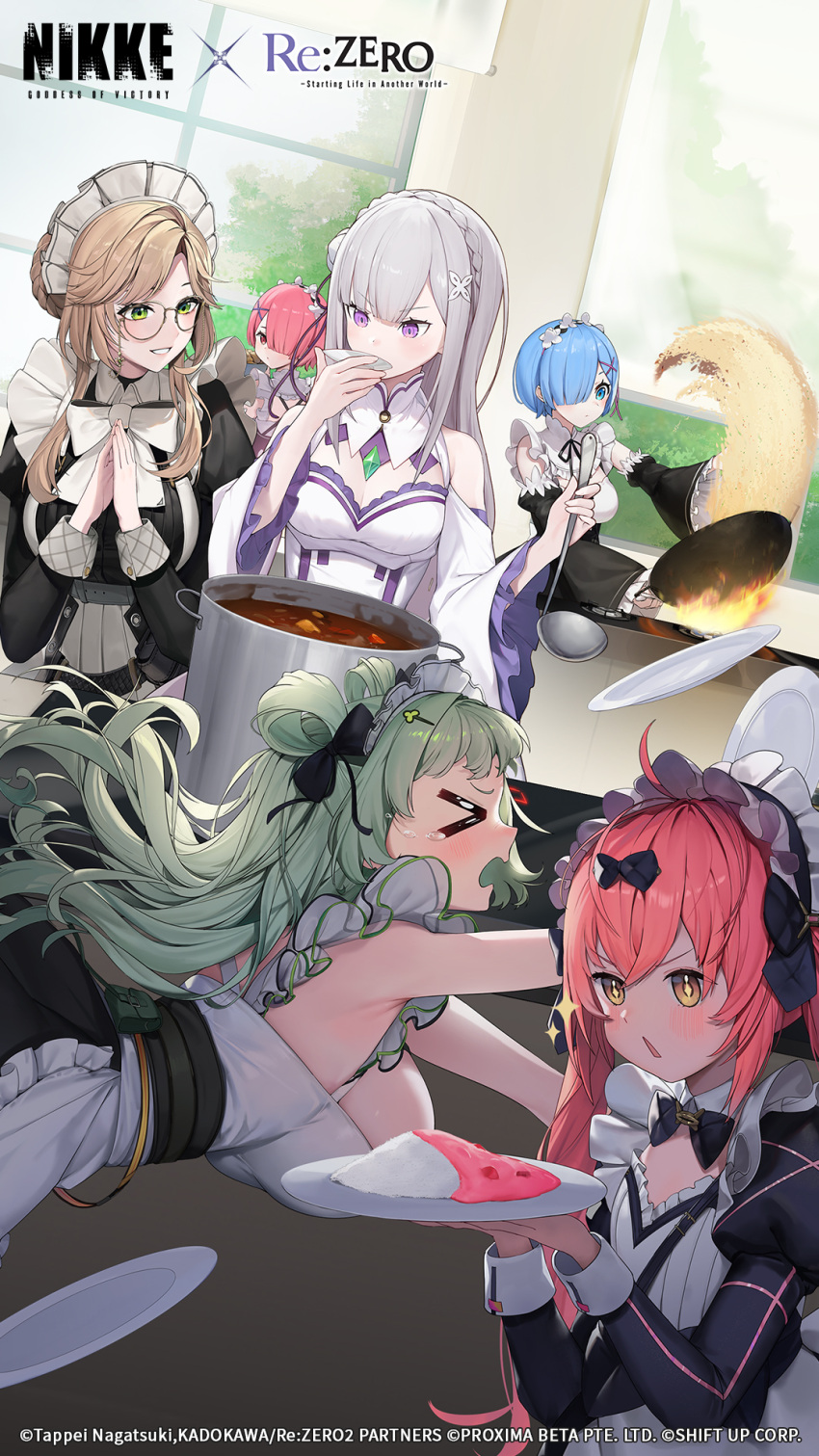 6+girls ade_(nikke) ahoge artist_request black_dress black_ribbon blue_eyes blue_hair blunt_bangs blush bow breasts brown_eyes clumsy cocoa_(nikke) commentary cooking copyright_name cropped crossover crying cutting_board day detached_sleeves dress emilia_(re:zero) english_commentary english_text fire floating_hair food fried_rice fried_rice_prank_(meme) frilled_sleeves frills from_side gem glasses gloves goddess_of_victory:_nikke green_eyes green_gemstone green_hair grey_hair hair_ornament hair_over_one_eye hairbow hairclip hands_up highres holding holding_ladle indoors juliet_sleeves ladle large_breasts long_hair long_sleeves looking_at_another looking_back maid_headdress meat medium_breasts meme multiple_girls neck_ribbon official_art open_mouth pink_hair plate profile puffy_sleeves purple_eyes ram_(re:zero) re:zero_kara_hajimeru_isekai_seikatsu red_eyes rem_(re:zero) ribbon roswaal_mansion_maid_uniform salad second-party_source short_hair soda_(nikke) spice steepled_fingers symbol-shaped_pupils tears thighhighs thighs tripping v-shaped_eyebrows white_dress white_gloves white_thighhighs wide_sleeves window wok x_hair_ornament