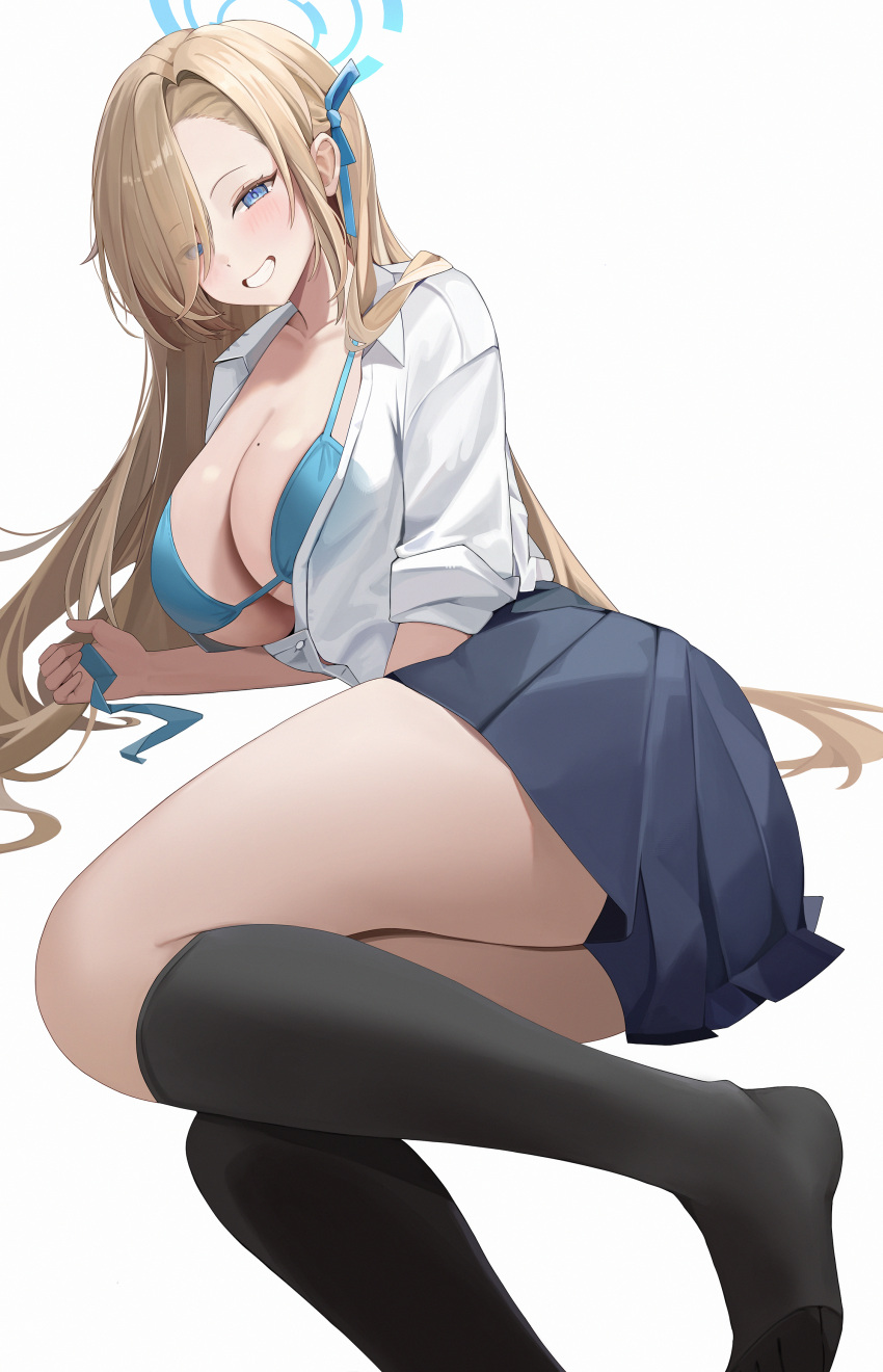 absurdres asuna_(blue_archive) asymmetrical_bangs black_skirt black_socks blue_archive blue_bra blue_eyes blue_halo blue_ribbon blush bra breasts brown_hair collared_shirt commentary eyes_visible_through_hair female grin hair_over_one_eye hair_ribbon halo highres kneehighs large_breasts long_hair looking_at_viewer lying manus_(manuspupa) on_side partially_unbuttoned pleated_skirt ribbon school_uniform shirt simple_background skirt smile socks solo teeth unbuttoned underboob underwear white_background white_shirt