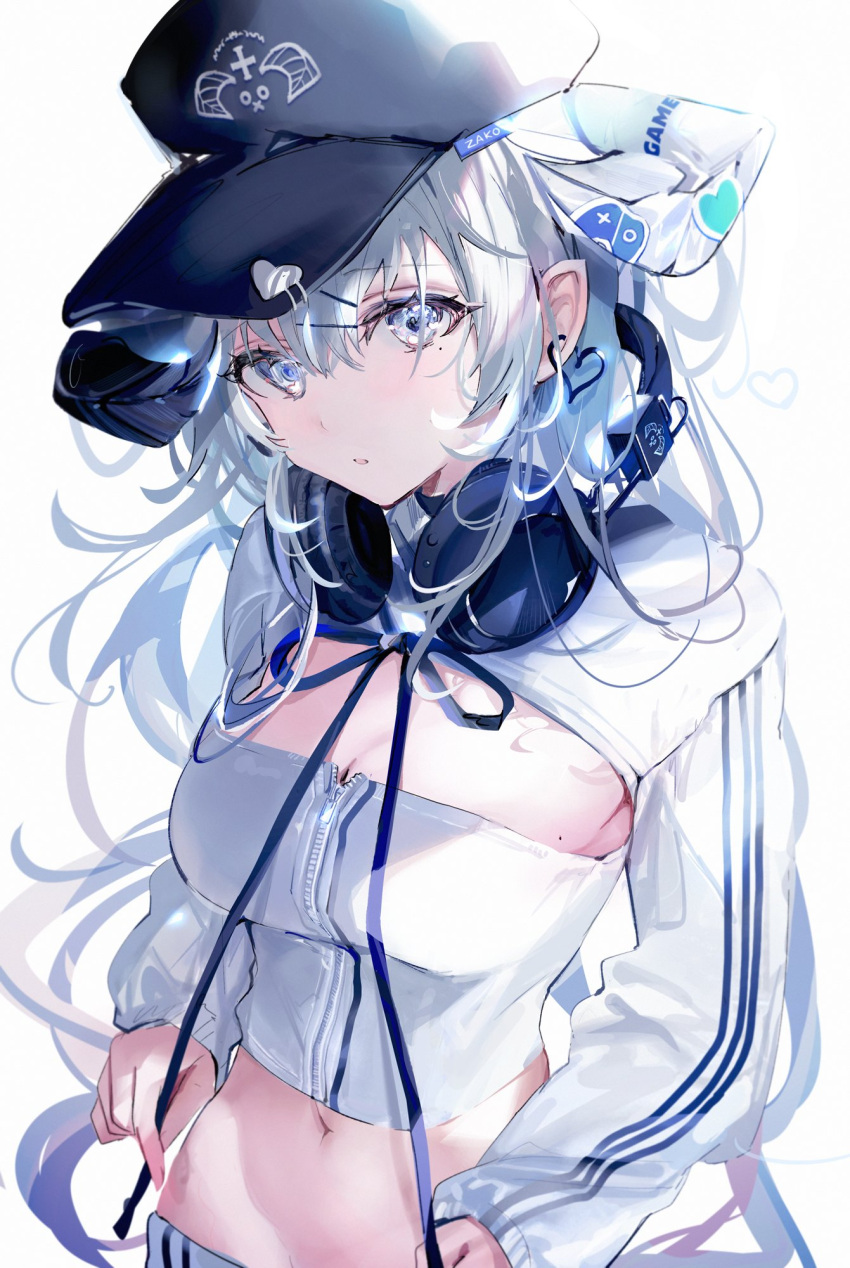 :o asymmetrical_horns black_hat black_horns blue_headphones blue_string blue_stripes blush breasts bustier cleavage commentary_request demon_horns earrings female grey_eyes grey_hair hair_between_eyes hair_ornament hairclip hat hat_ornament headphones headphones_around_neck heart heart_earrings heart_hat_ornament heart_sticker highres holding holding_string horns jewelry long_hair long_sleeves medium_breasts midriff mismatched_horns mole mole_on_breast mole_under_eye multicolored_horns navel original pointy_ears shia_job shrug_(clothing) sidelocks simple_background solo sticker string string_tie thick_eyelashes uneven_horns very_long_hair white_background white_bustier white_horns white_shrug zipper_pull_tab