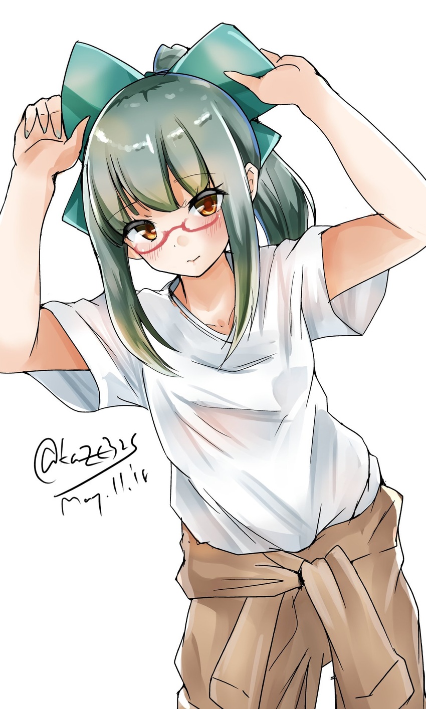 bespectacled blush bow brown_eyes brown_pants commentary_request dated dutch_angle female glasses green_bow green_hair hairbow highres kantai_collection kazu_(really_in_hot_water_now) pants ponytail red-framed_eyewear shirt short_hair short_sleeves sidelocks simple_background solo twitter_username white_background white_shirt yuubari_(kancolle)