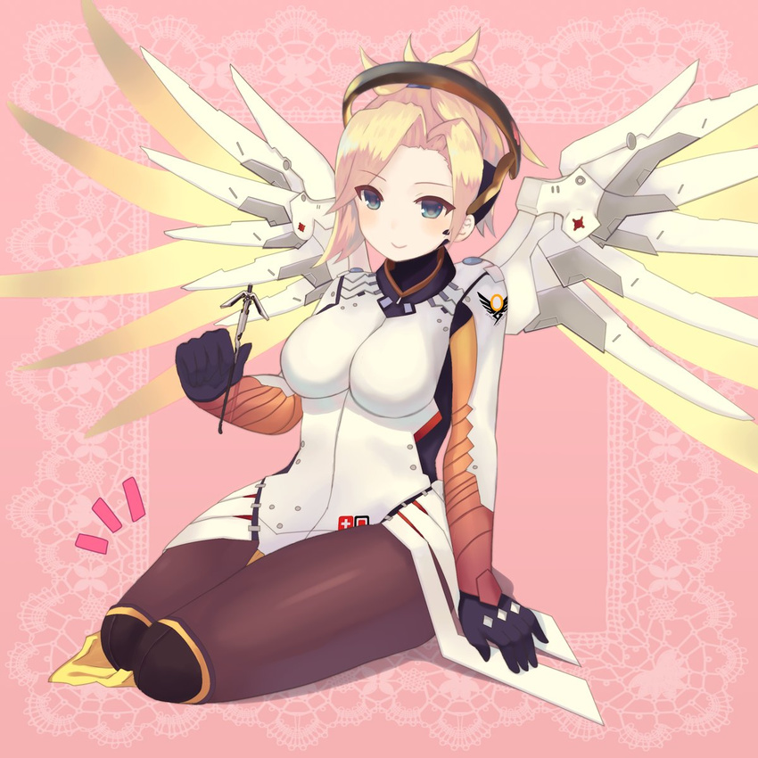 arm_support bad_id bad_twitter_id blonde_hair blue_eyes blush breasts female gloves halo high_ponytail highres holding large_breasts long_hair mechanical_halo mechanical_wings mercy_(overwatch) mimikaki nekomo overwatch overwatch_1 pantyhose ponytail seiza short_hair sitting skin_tight solo staff wings yellow_wings