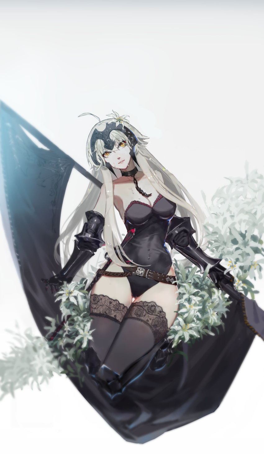 absurdres adapted_costume ahoge bad_id bad_pixiv_id bare_shoulders belt black_leotard black_thighhighs breasts cleavage collarbone commentary_request expressionless fate/grand_order fate_(series) female flag flower gauntlets grey_hair hair_flower hair_ornament headpiece highres holding holding_flag hoshimawa jeanne_d'arc_alter_(avenger)_(fate) jeanne_d'arc_alter_(fate) lace lace-trimmed_legwear lace_trim leotard lily_(flower) long_hair medium_breasts pale_skin solo thighhighs wet yellow_eyes