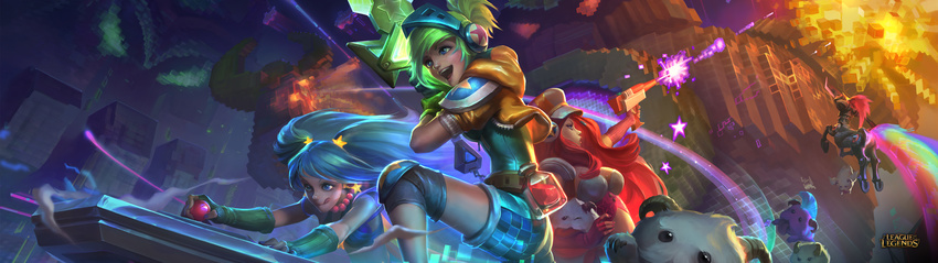 3girls absurdres arcade_hecarim arcade_miss_fortune arcade_riven arcade_sona arcade_stick battle_boss_blitzcrank blitzcrank blue_hair cabbie_hat controller copyright_name crop_top energy_gun explosion final_boss_veigar fingerless_gloves game_controller giant gloves green_hair hat hecarim helmet highres joystick league_of_legends midriff miss_fortune_(league_of_legends) multiple_girls official_alternate_costume official_art panorama photoshop_(medium) pink_hair poro_(league_of_legends) potion ray_gun riven_(league_of_legends) smile sona_(league_of_legends) sword veigar weapon