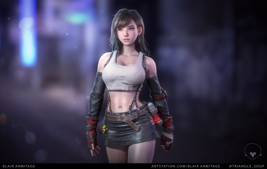 3d belt black_hair blair_armitage breasts brown_eyes chocobo cleavage cuts dirty elbow_gloves final_fantasy final_fantasy_vii fingerless_gloves gloves highres injury looking_at_viewer midriff navel realistic redesign skirt solo suspenders tank_top tifa_lockhart