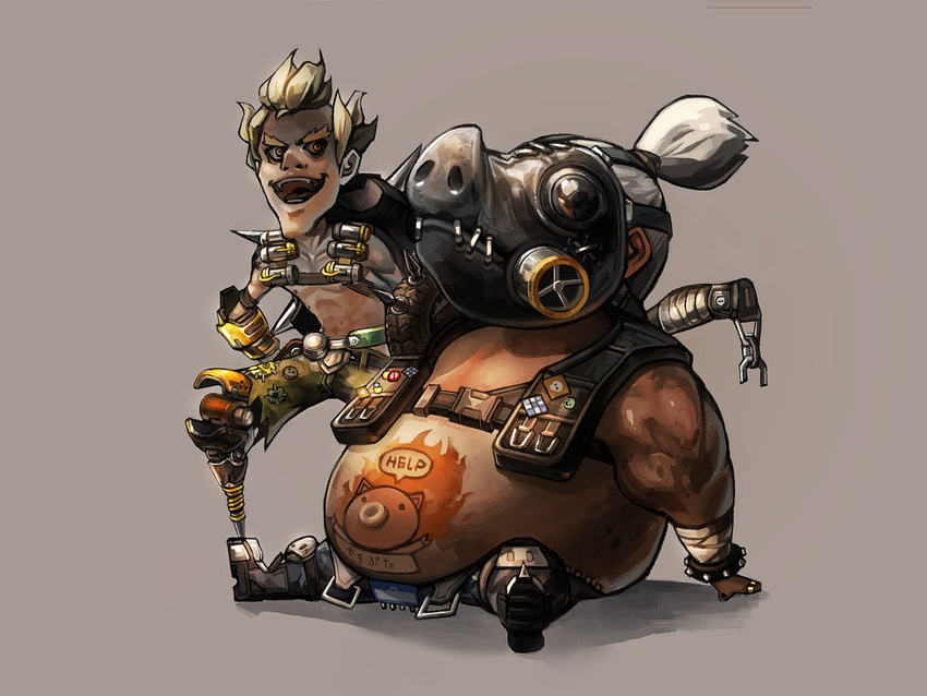 2boys bad_id bad_twitter_id boots fat fat_man gas_mask junkrat_(overwatch) male_focus mask mechanical_arms multiple_boys navel open_mouth overwatch overwatch_1 peg_leg pig_tattoo ponytail roadhog_(overwatch) single_mechanical_arm sitting spikes stomach_tattoo tattoo thick_eyebrows tire topless_male