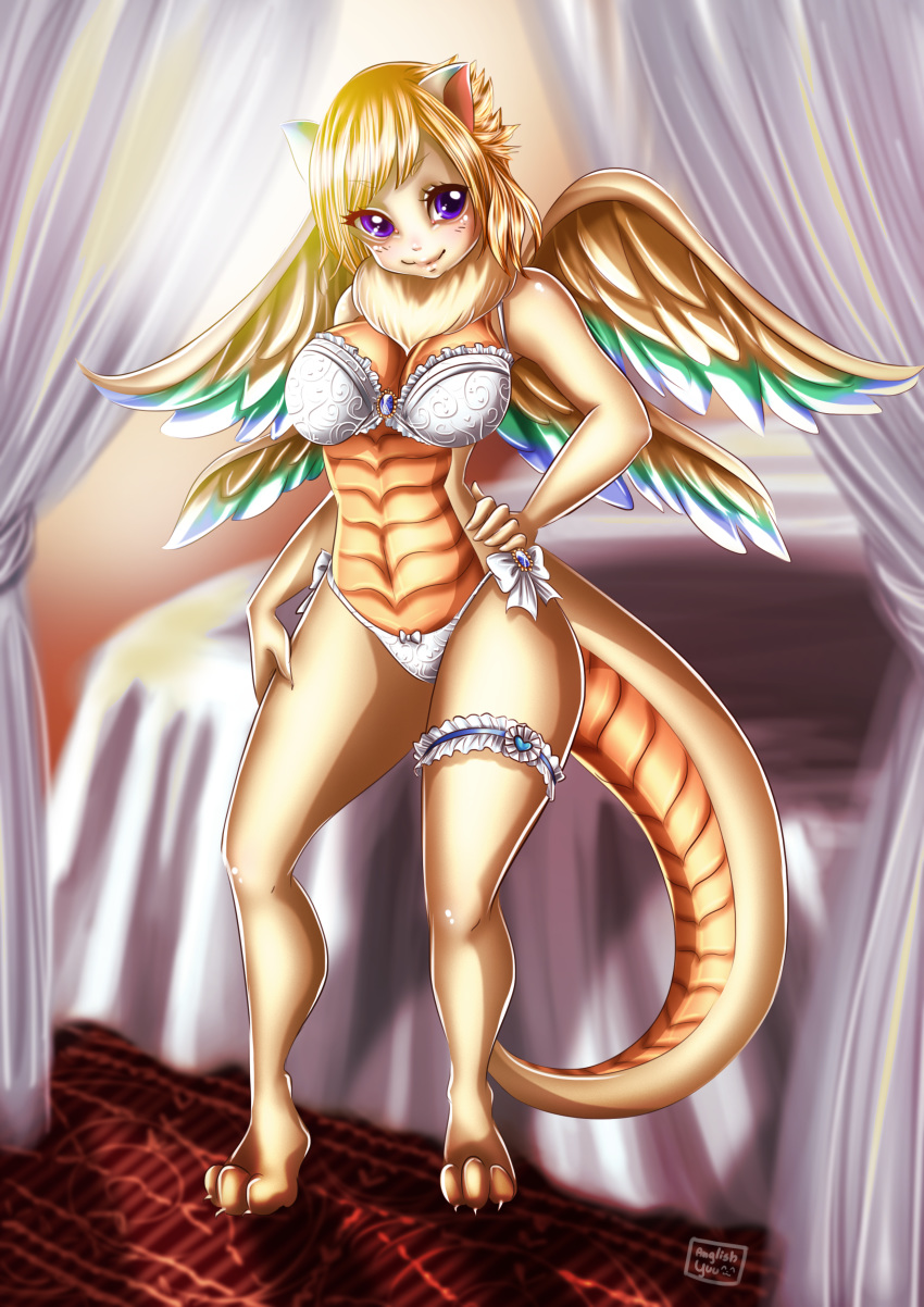 absurd_res anglish anthro bed blonde_hair blue_eyes bra clothing dragon female fire flammie fluffy furniture hair hi_res lingerie mana mana_(series) mythological_creature mythological_scalie mythology panties pose scalie shy solo square_enix underwear