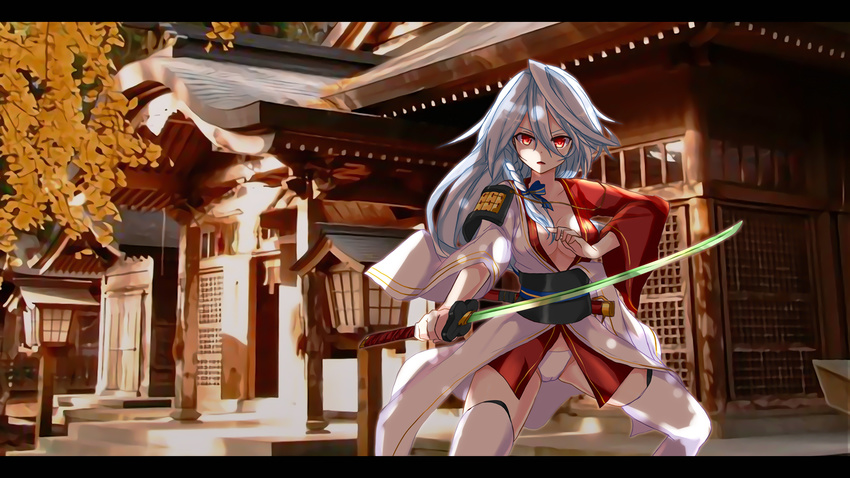 autumn_leaves braid breasts cleavage commentary_request female hair_ribbon highres japanese_clothes katana khibiki letterboxed long_hair looking_at_viewer medium_breasts obi open_mouth original panties red_eyes ribbon sash shoulder_pads shrine side_braid silver_hair solo sword underwear weapon white_legwear white_panties