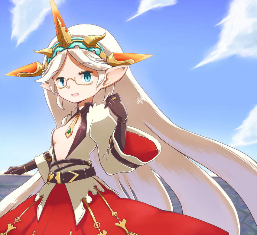 aqua_eyes black_gloves center_opening commentary_request day dress female glasses gloves granblue_fantasy harvin long_hair necktie neri_gozu pointy_ears sky solo very_long_hair white_hair wide_sleeves zahlhamelina